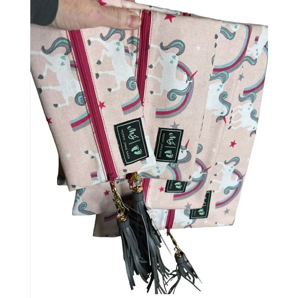 Mommy junkie bag Unicorn rainbow makeup bags with tassels 4 piece set NWT